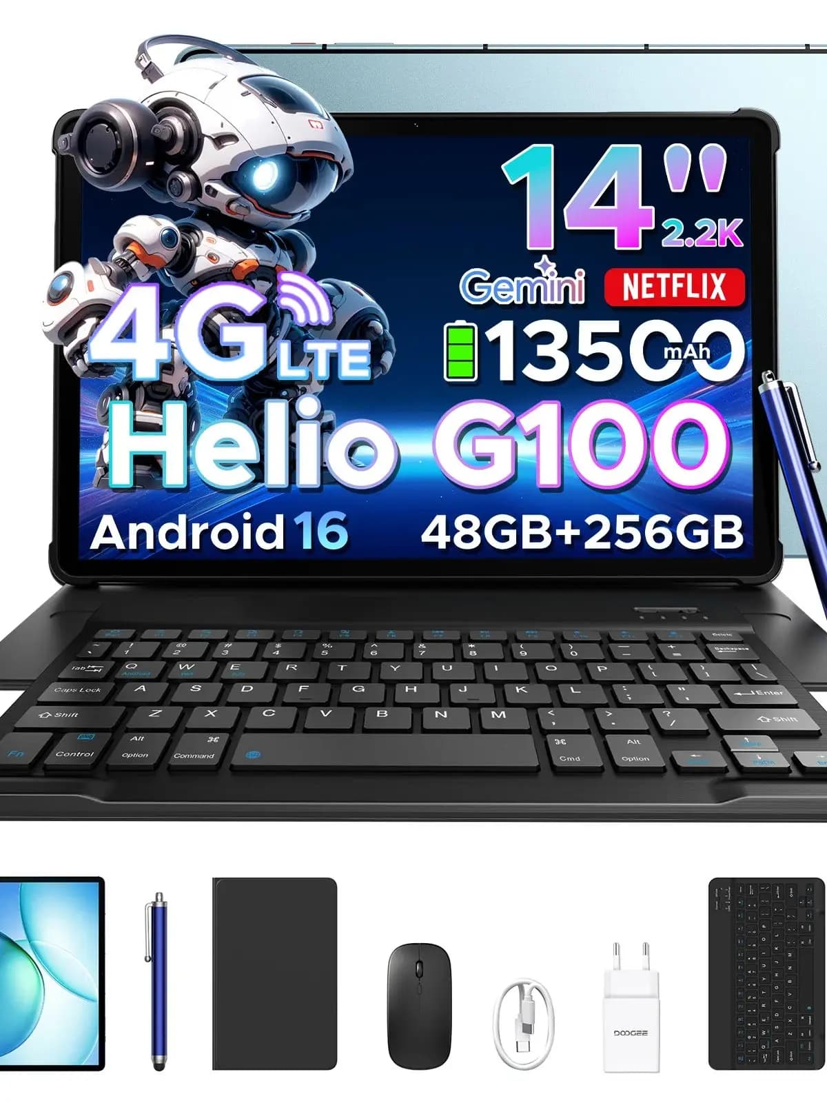 DOOGEE Tablette PC 2 en 1 Tab E3 Max Batterie 13500mAh Gmini AI 14" Écran 2.2K 48Go(8+40) 256 Go Helio G100 AI Tablet Android 16