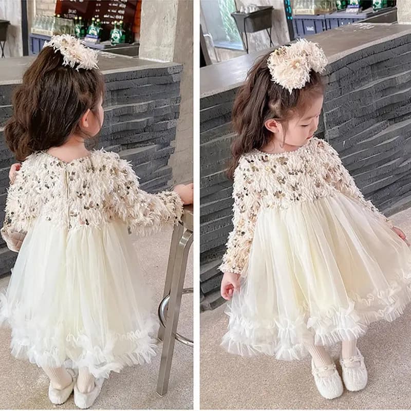 Robes d'hiver pour filles, avec glands, paillettes, perles cloutées, en peluche et épaisse, robe de princesse d'anniversaire avec nœud, nouvelle