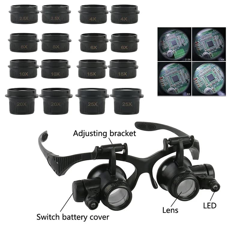Loupes à bandeau 2,5x4x6x8x10x15x20x25x, lentille optique en verre avec 2 LED pour horloger et réparation de bijoux