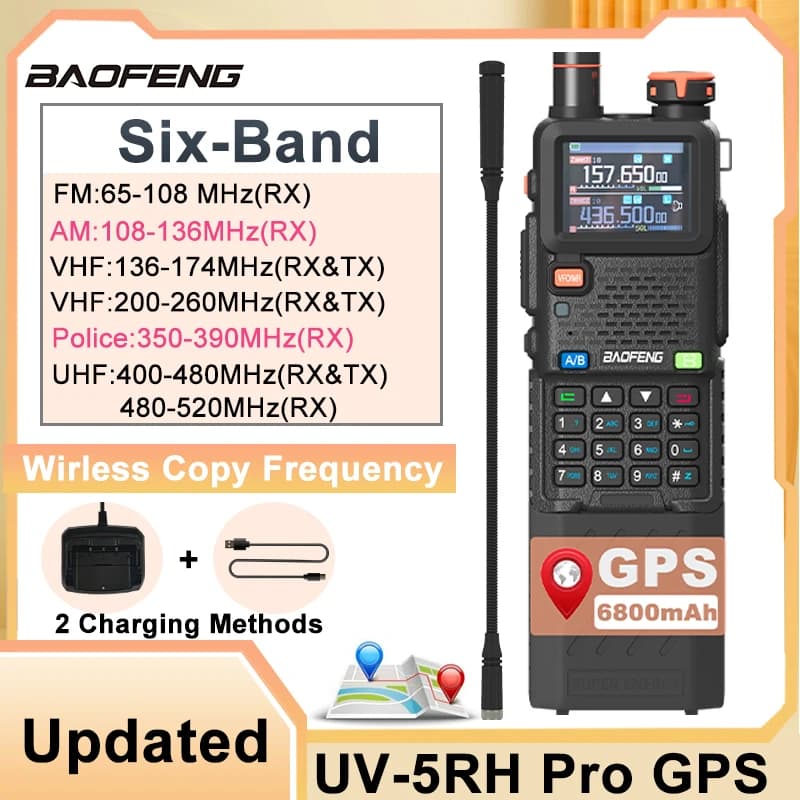 Baofeng UV-5RH Pro GPS talkie-walkie mise à jour 6800mAh batterie étendue multi-bande alarme de chute NOAA copie sans fil fréquence Radio
