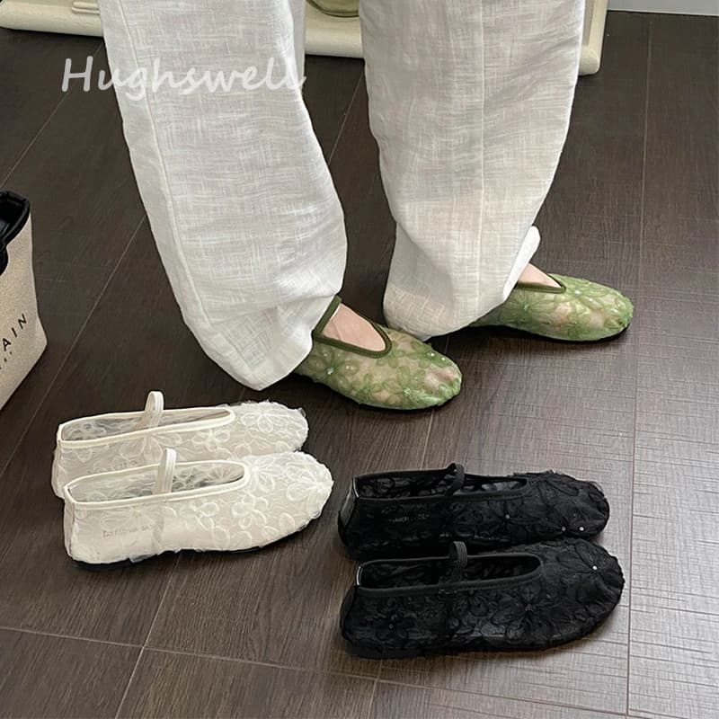 Ballerines en soie et gaze fleurie pour femme, blanc et vert, bout rond, avec bande élastique, chaussures élégantes à fleurs pour dames, style
