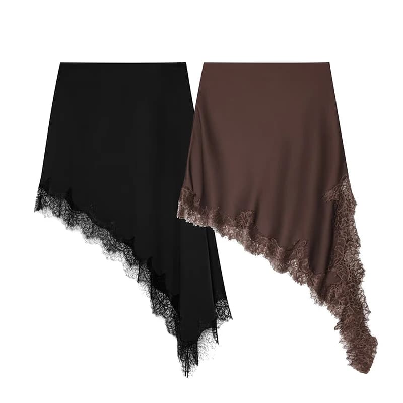 Willshela femmes mode solide dentelle ourlet asymétrique Mini jupe Vintage taille haute élastique femme Chic dame jupes