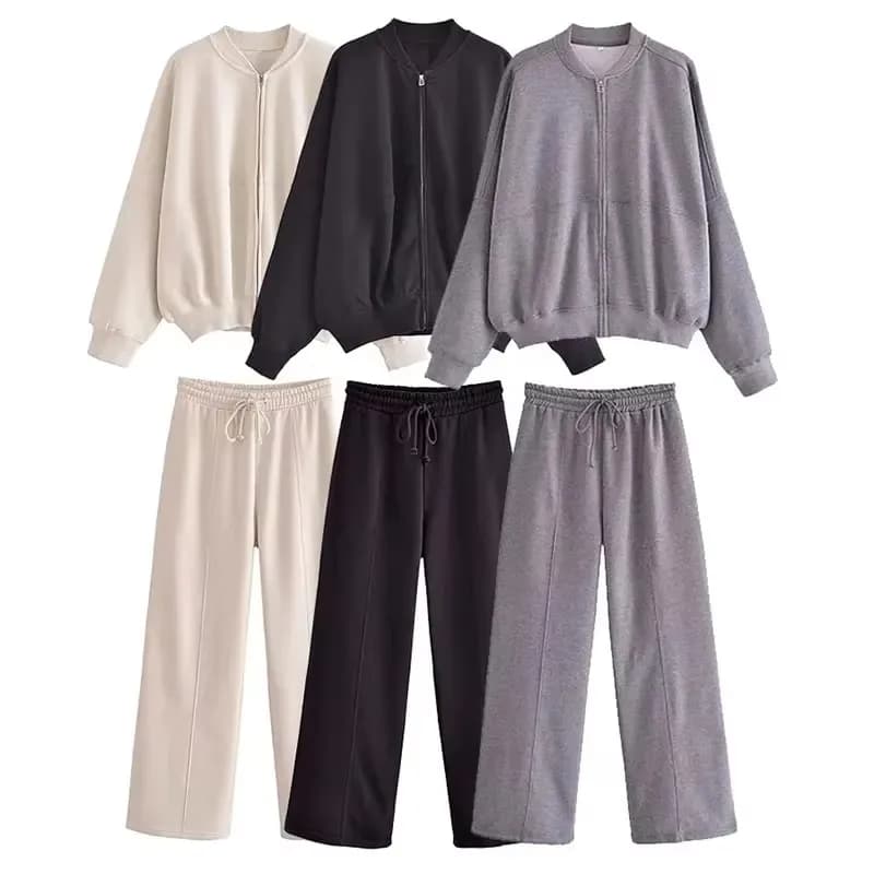 HH – ensemble pantalon uni pour femmes, manteau à manches longues avec fermeture éclair, veste bombardier + pantalon taille haute avec cordon de
