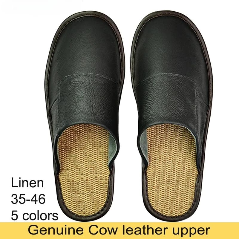 Pantoufles en cuir de vache véritable et lin pour hommes et femmes, pantoufles d'intérieur, antidérapantes, décontractées, simples,