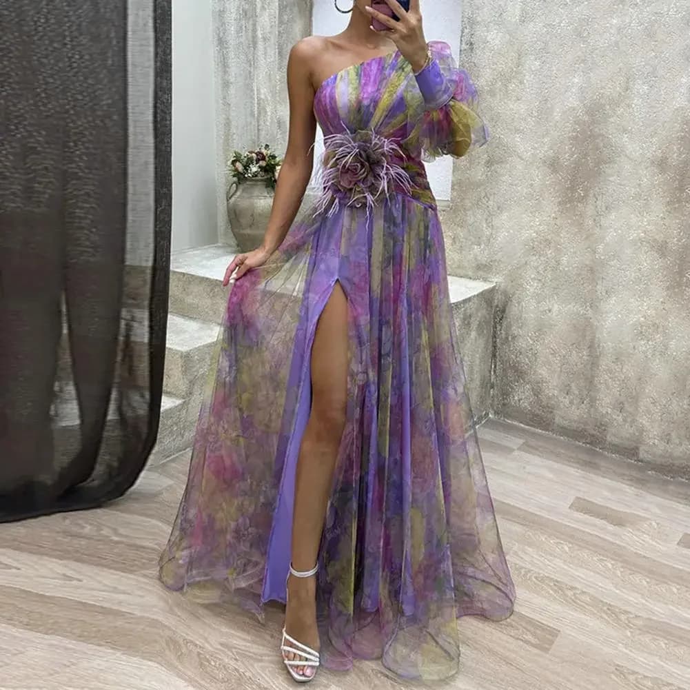 Robe de soirée élégante, asymétrique épaule dénudée, teinture par nouage, robe de bal avec manches à bulles en maille, ourlet fendu, robe de
