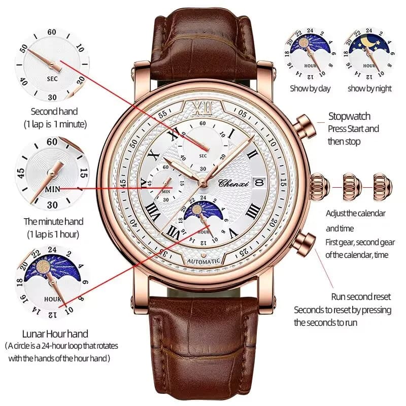 Chenxi 976 cuir chronographe Date hommes Phase de la lune chronométrage affaires lumineux montre à Quartz Relojes para hombres