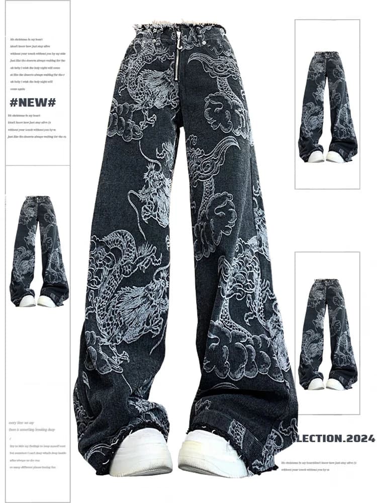 Jean gothique noir imprimé Dragon pour femmes, Baggy Vintage, pantalon de Cowboy esthétique, pantalon en Denim Harajuku Y2k Trashy, vêtements des