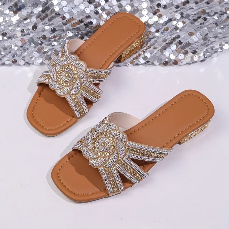 Sandales et pantoufles plates à strass grande taille pour femmes, nouvelle version coréenne tendance été 2026