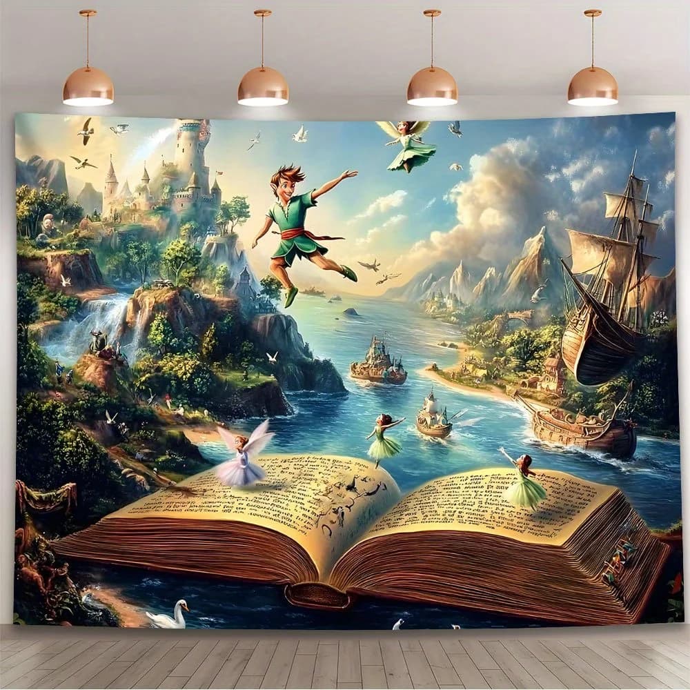 Tapisserie murale Peter Pan : Conte de fées, Aventure, Garçon en vol, Château, Bateau, pour Chambre d'enfant, Bibliothèque, Jeu d'imagination