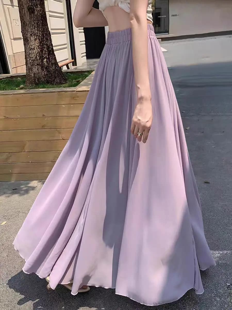 2025 Nouvelle jupe longue trapèze en mousseline de soie pour femme : ourlet fluide taille haute avec drapé élégant et silhouette large