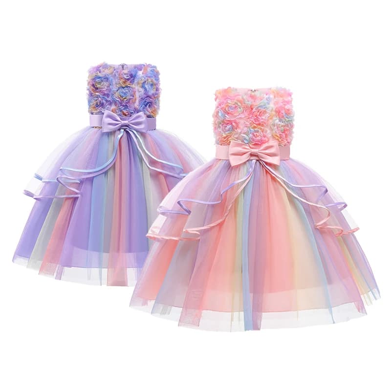 Robe d'été à fleurs pour petites filles de 1 2 3 4 5 6 8 10 ans, en maille arc-en-ciel, petite robe de princesse, Costume de spectacle de Piano,