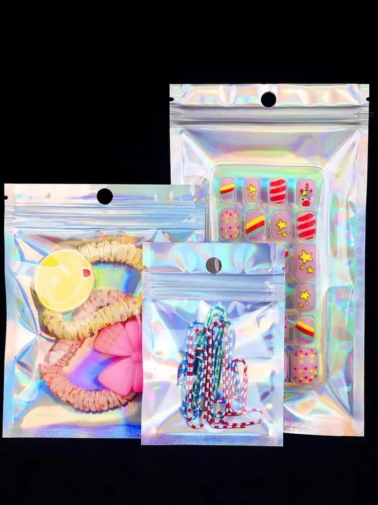 Sac holographique multi-tailles à motif laser arc-en-ciel, sac auto-scellant pour bonbons, aliments, colliers, bijoux, cadeaux, emballage refermable