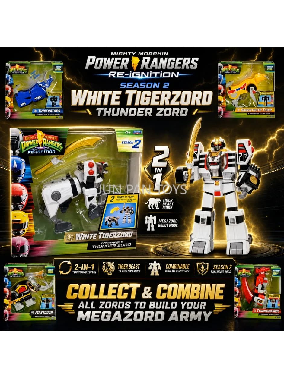 Figurine de collection originale Mighty Morphin Power Rangers Re-Ignition Combinable White Tigerzord Dino Triceratops, jouets cadeaux pour enfants
