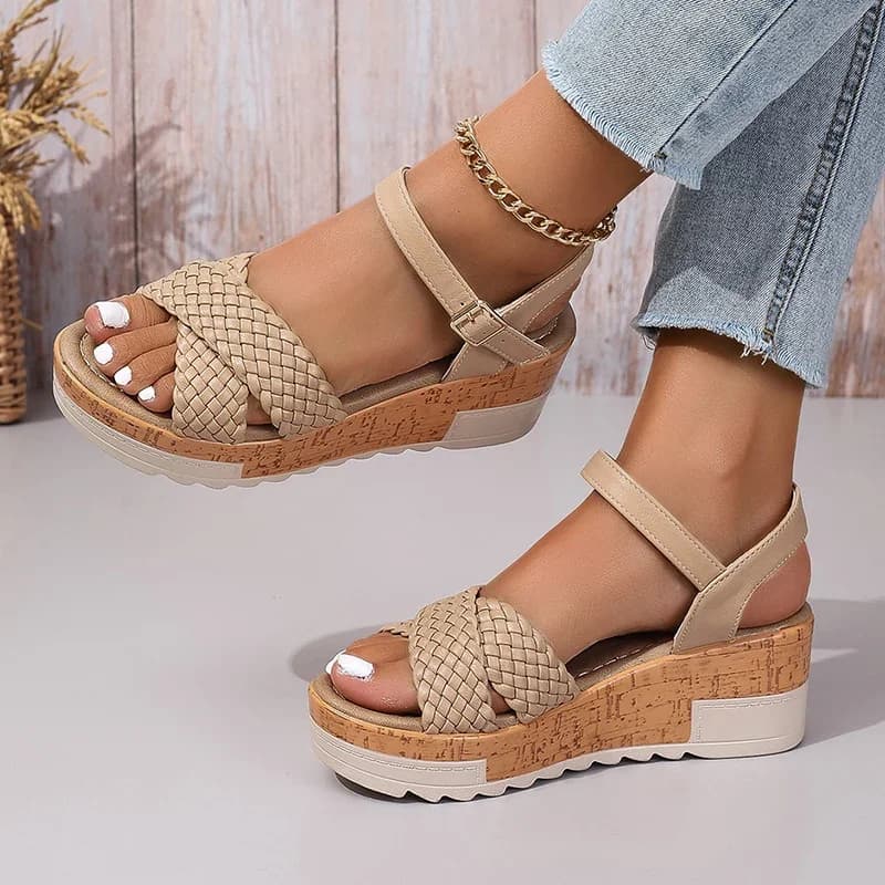 Tissé bride à la cheville talons compensés sandales femme mode tressé plate-forme Rome chaussures femmes été 2025 fond épais plage Sandalias