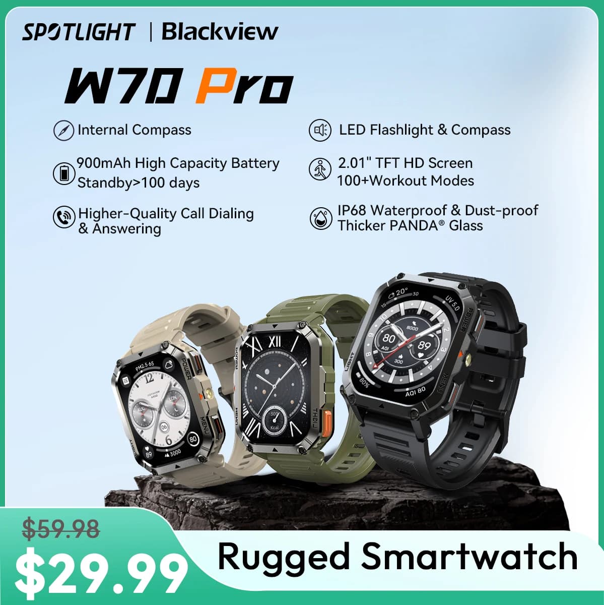 Blackview W70 Pro sport Fitness montre intelligente 2.01 écran Bluetooth montre parlante lampe de poche LED montre intelligente extérieure avec
