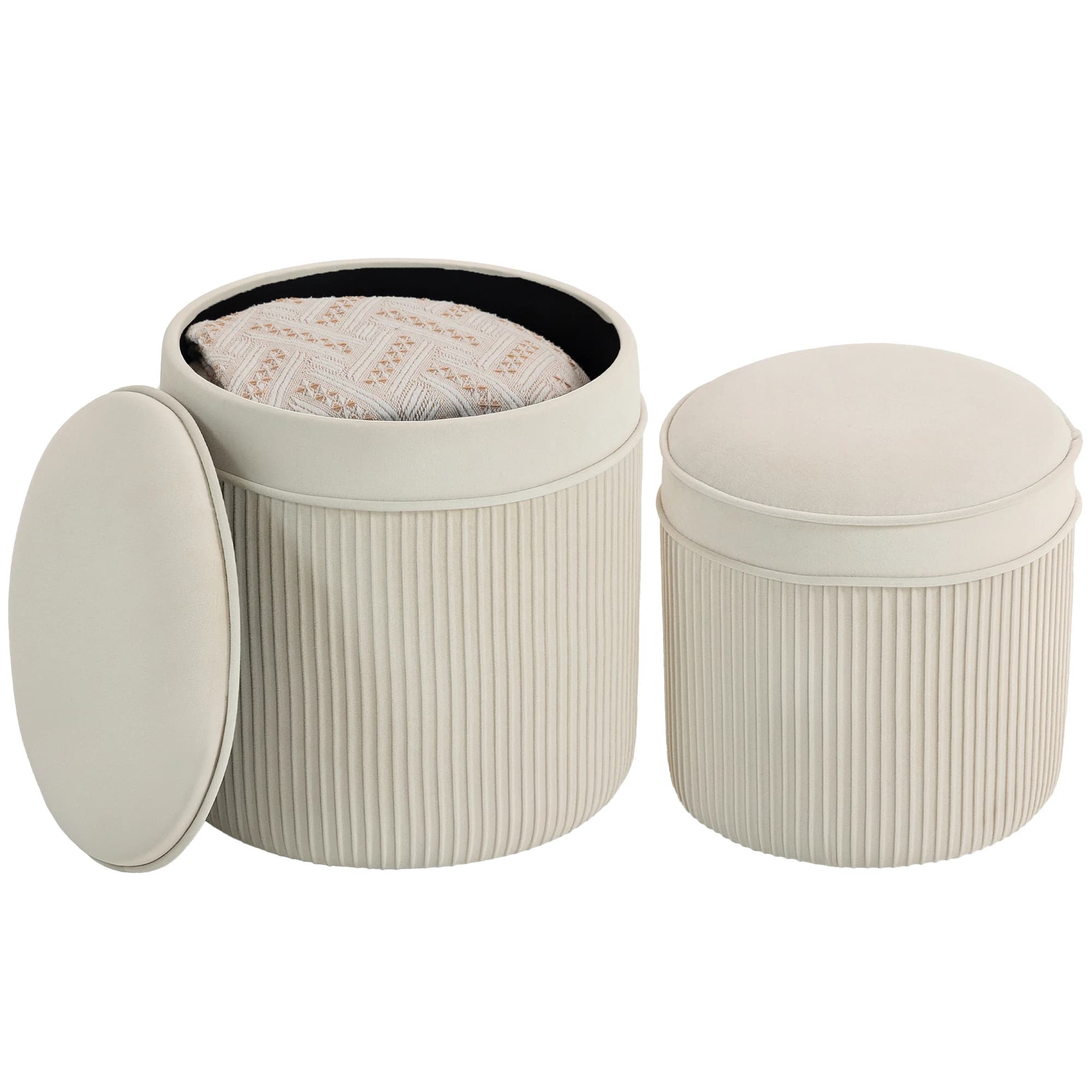 HOMCOM Lot de 2 poufs de rangement en velours, repose-pieds ronds gigognes, tabouret rond avec couvercle amovible et assise remb