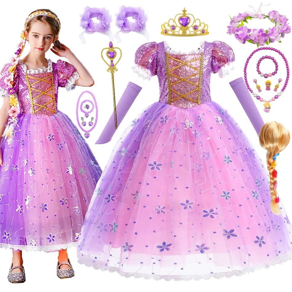 Robe raiponce pour enfants filles, déguisement emmêlé, Costume de princesse de carnaval, robe de fête d'anniversaire, vêtements de 2 à 10 ans