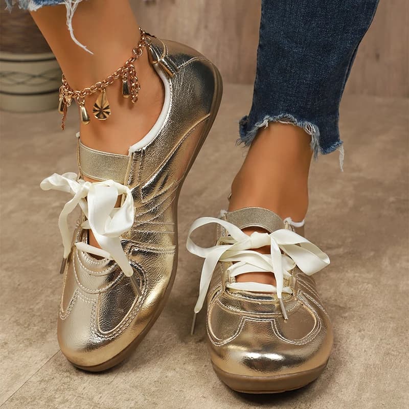 Doux ruban nœud papillon ballerines pour femmes grande taille 43 or argent plate-forme baskets femme confortable fond souple chaussures plates