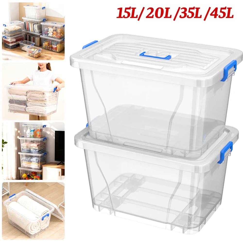 Boîte de rangement à roulettes 15L/20L/35L/45L, lot de 2 boîtes de rangement avec couvercle et poignées, boîte de rangement transparente en