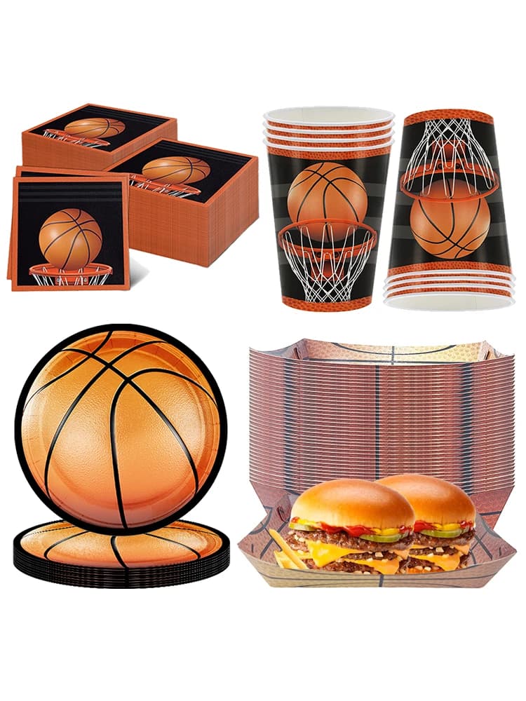 Vaisselle jetable de basket-ball, assiettes, serviettes, tasses, plateau alimentaire, décoration de Table à thème sportif, fournitures de fête