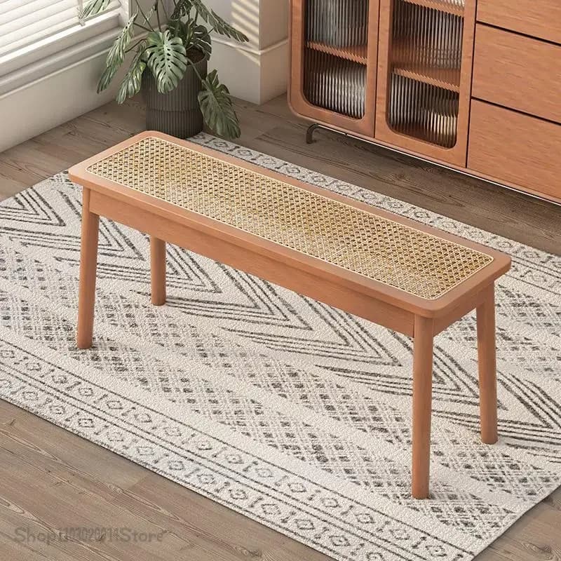 Chaise de salle à manger en bois massif de style japonais, long banc en rotin, banc en rondins, tabouret d'extrémité de lit, tabouret de chaussure