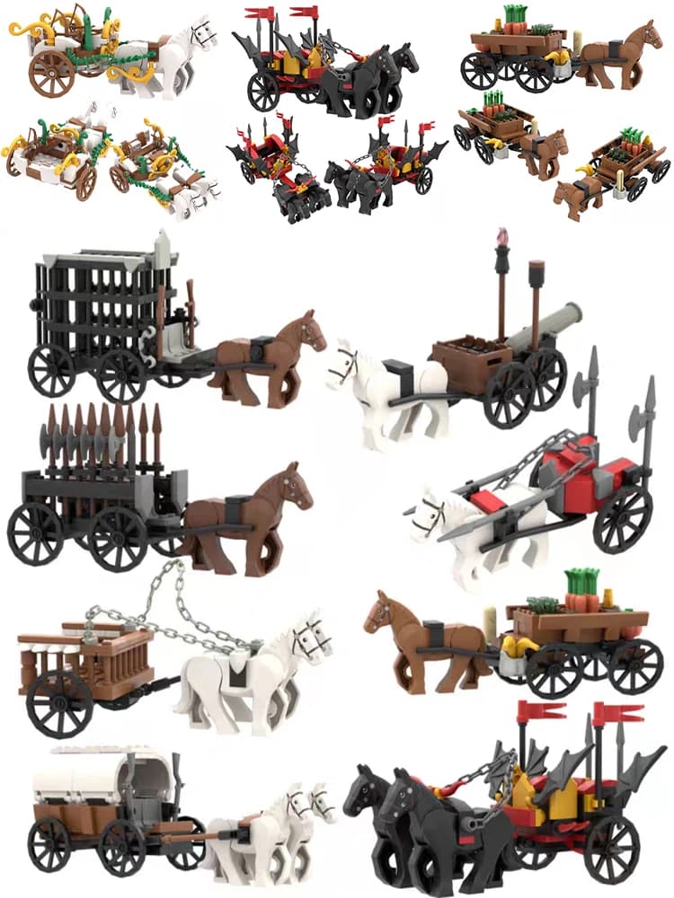 Remorque de bétail médiéval à monter soi-même, chariot à cheval, bloc de construction, château, Chariot de chevalier, figurines de soldats,