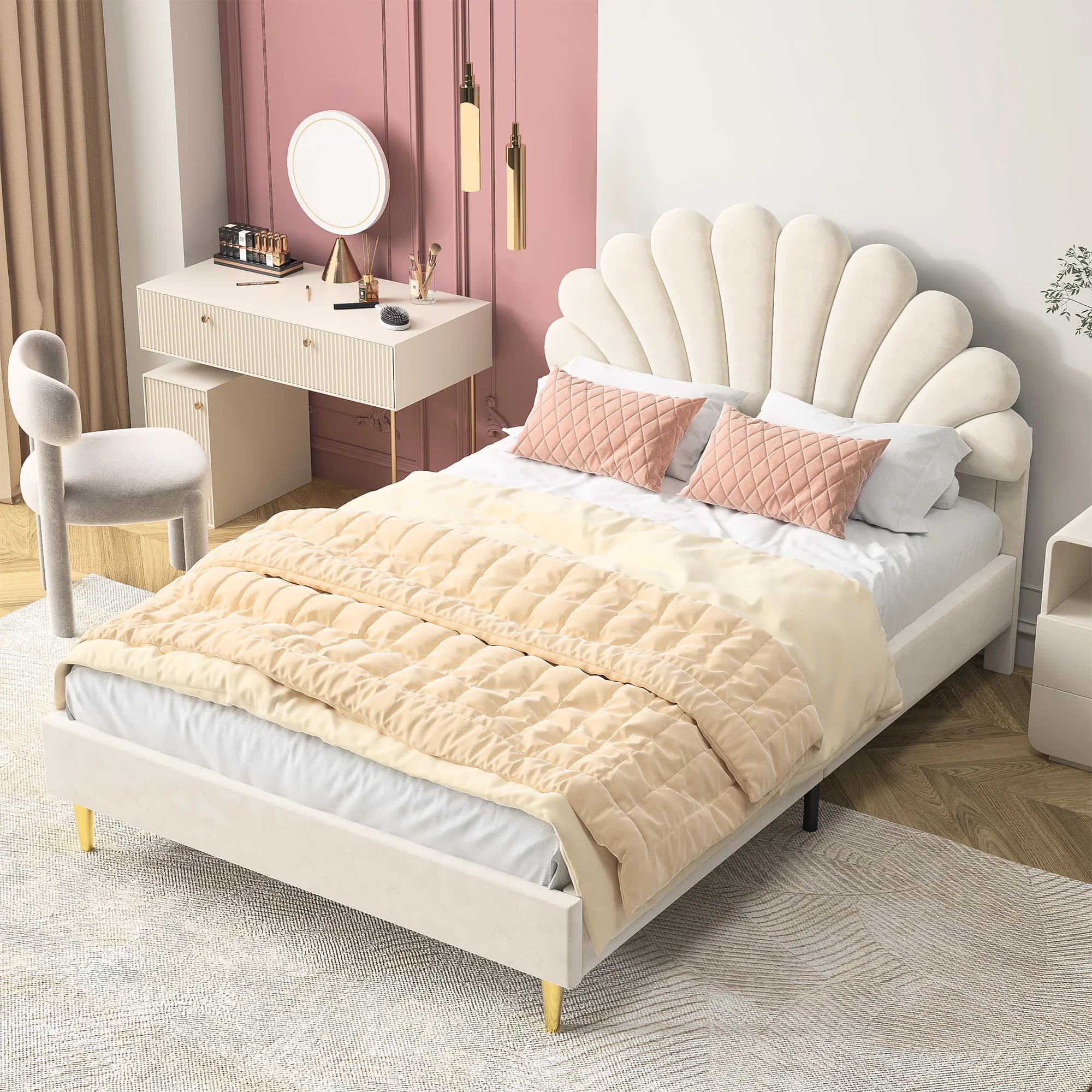 Anajqaqia Lit enfant 90×200/140×200 cm, lit double rembourré, avec tête de lit en forme de fleur et sommier à lattes, velours