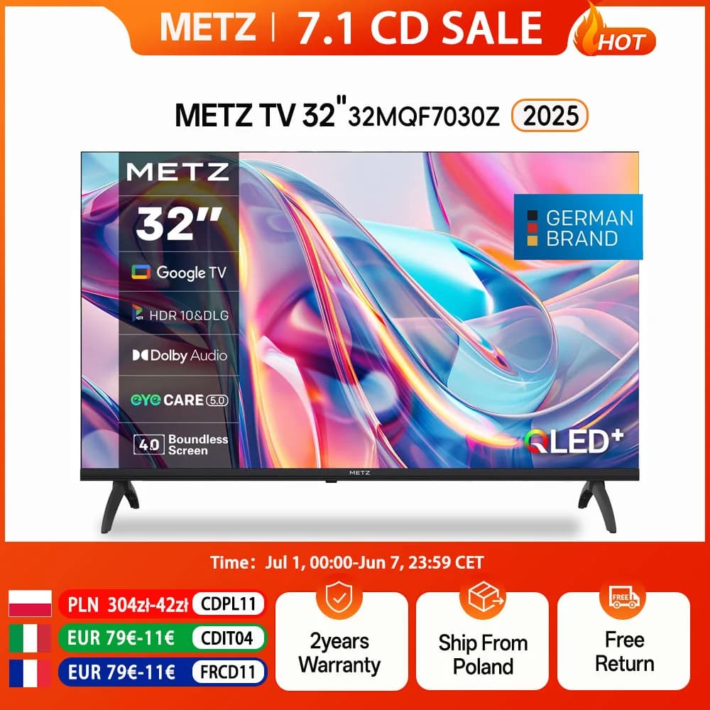 Téléviseur QLED Metz 32 "40 pouces Smart LED Google Tele HDR 10 Dolby Audio Bluetooth 5.1 EyeCare Tuner 2025 32 MQF7030Z