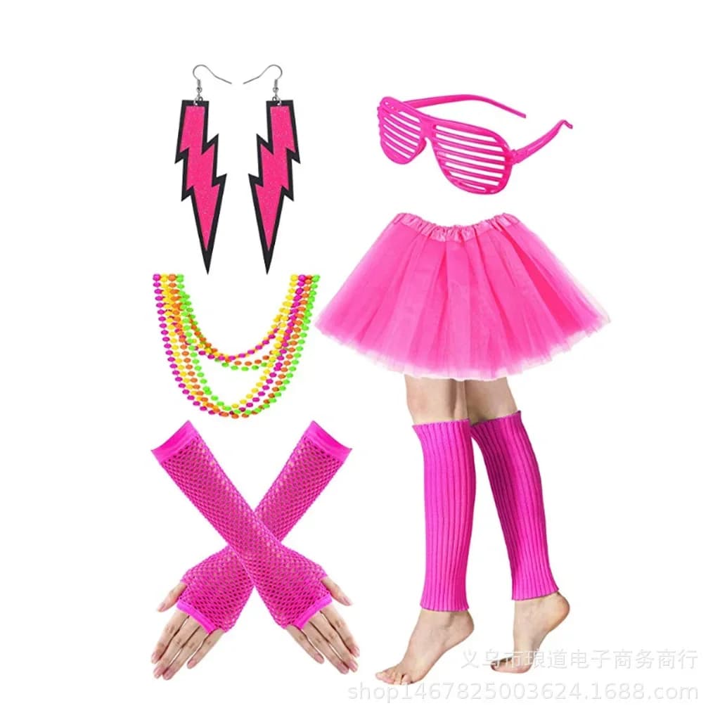 Accessoires de déguisement rétro des années 80 pour femmes, ensemble de costumes de fête, jupe Tutu pour adultes, gants en résille néon, collier