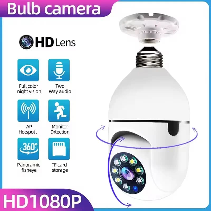 Caméra de surveillance extérieure E27 avec vision nocturne automatique couleur, détection de mouvement intérieure, zoom et Wi-Fi