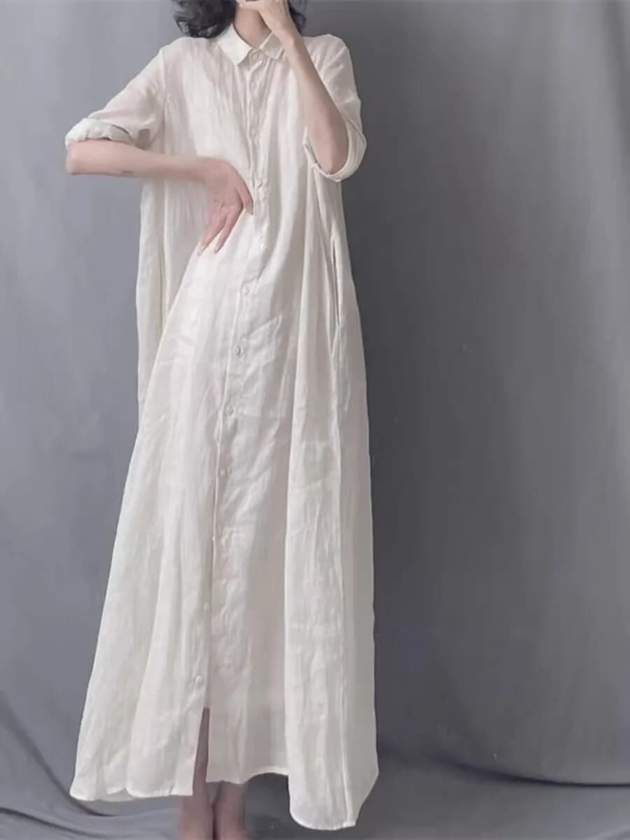 Robe chemise à manches longues pour femme, grand col polo, 2024 coton, Ramie adt, surdimensionné, décontracté, printemps, été, nouveau, 100%,
