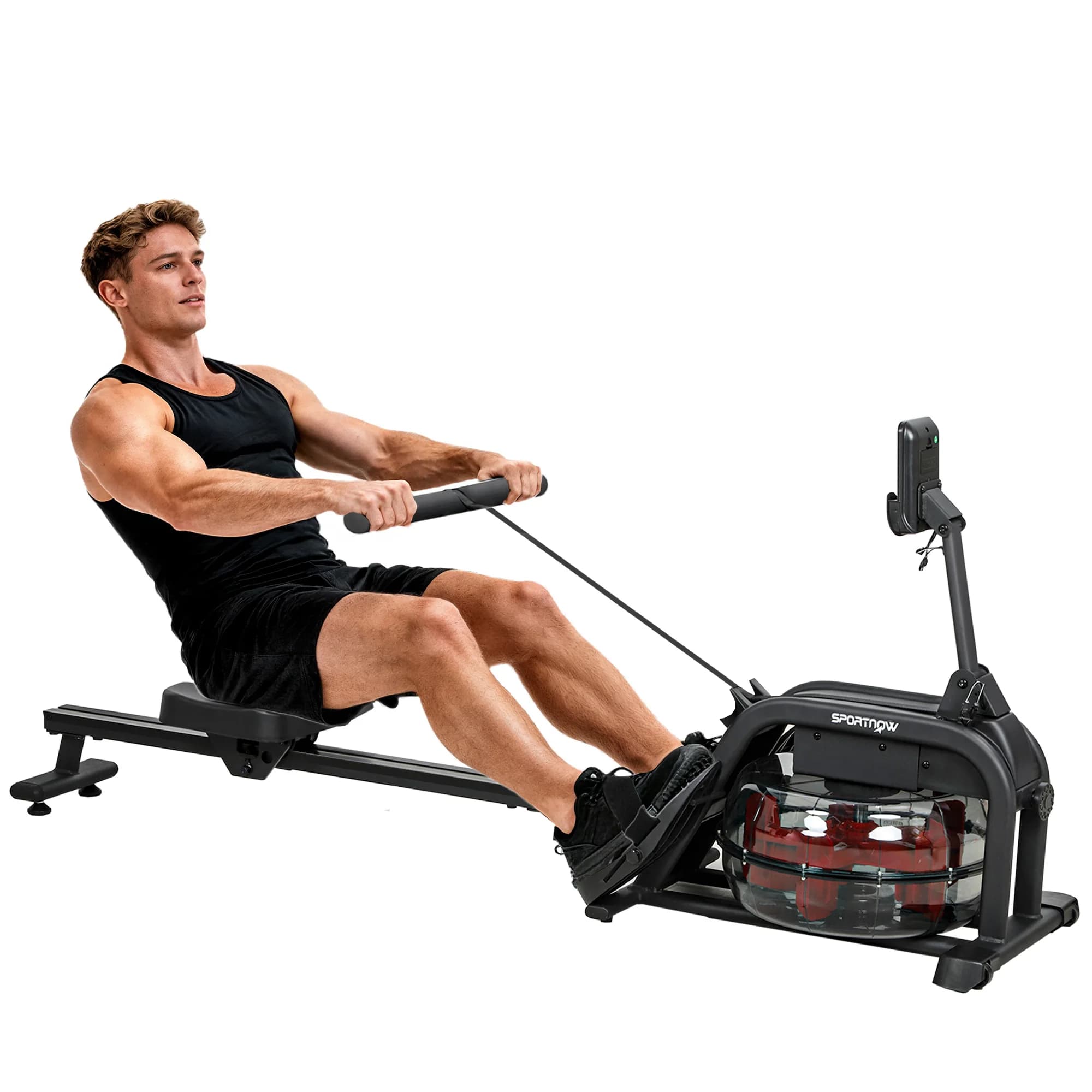 SPORTNOW Rameur à eau, rameur musculation d'appartement, résistance ajustable, réservoir 6-11L, écran LCD, support de tablette, assise large,