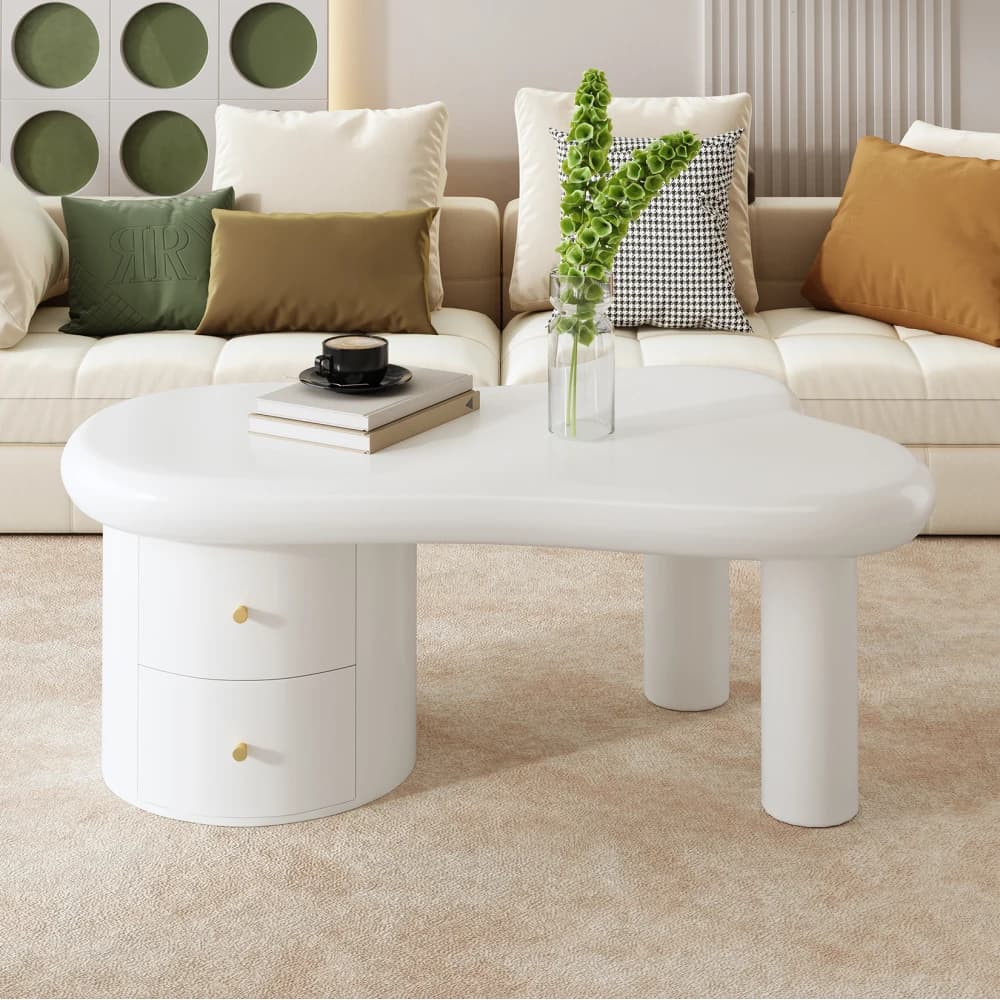 Table basse moderne PINGGO blanche avec 2 tiroirs, forme irrégulière, gain de place, meubles de salon