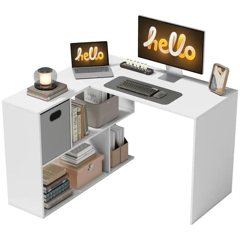 Bureau d'angle, bureau d'ordinateur avec tiroir en tissu et compartiments ouverts, 110 x 100 x 75 cm, blanc