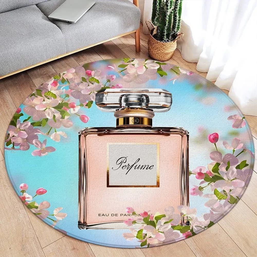 ~O~ Bouteille de parfum vintage inspirée de Paris et tapis rond floral – Tapis de sol décoratif lavable pour le salon et la chambre à coucher