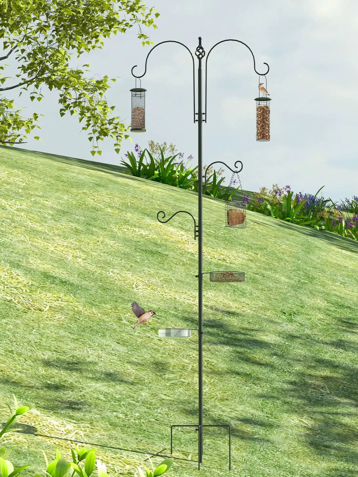 PawHut Station d'alimentation pour oiseaux en acier, mangeoir à oiseaux sur pied 208H cm avec 4 crochets, récipient pour eau et