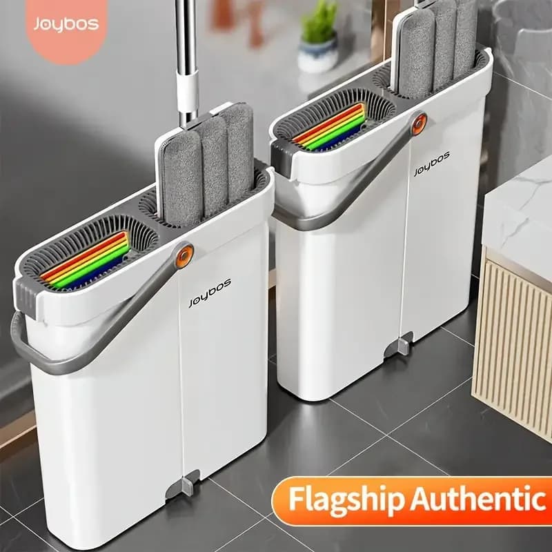 JOYBOS Ensemble serpillière rotative 360° et seau, serpillière plate mains libres pour sols, chiffons microfibres lavables, utilisation humide et