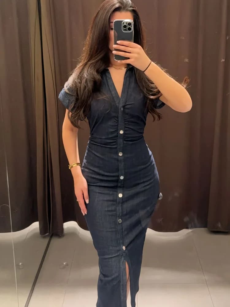 Robe en Denim plissée pour femmes, élégante, coupe cintrée, simple boutonnage, mode, manches courtes, revers, couleur unie, Robe Chic pour les