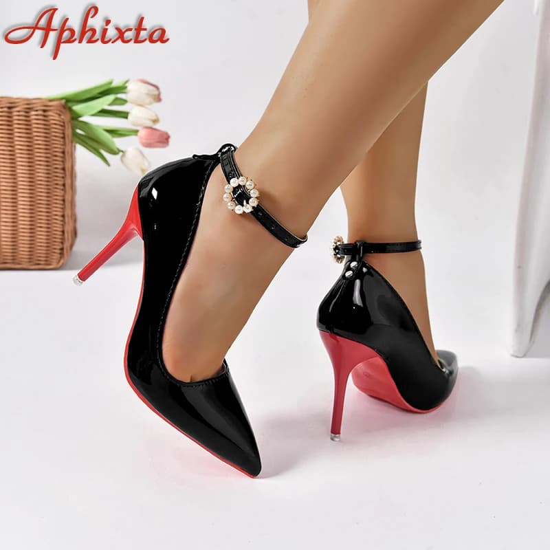 Aphixta cristaux perle ceinture boucle ronde 3.94 pouces talons aiguilles pompes femmes Pimp bout pointu chaussures Super grande taille 51 52 53