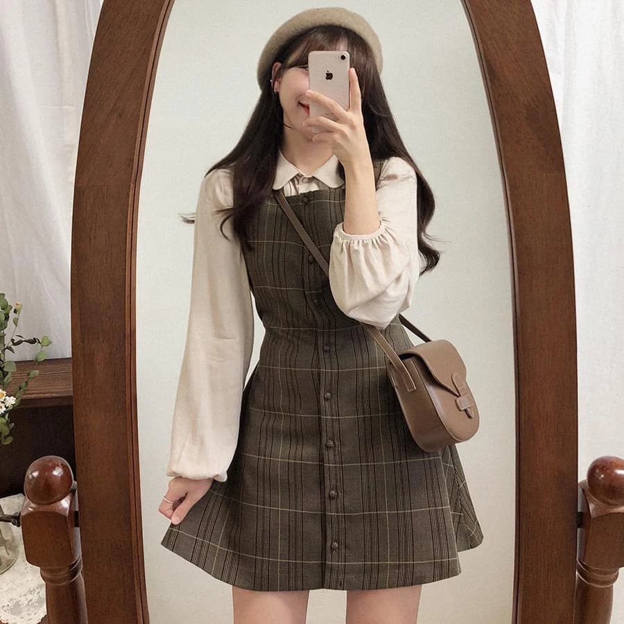 Preppy Sty – tenues assorties pour filles japonaises, robe chemise trapèze à carreaux pour dames, automne printemps 2023