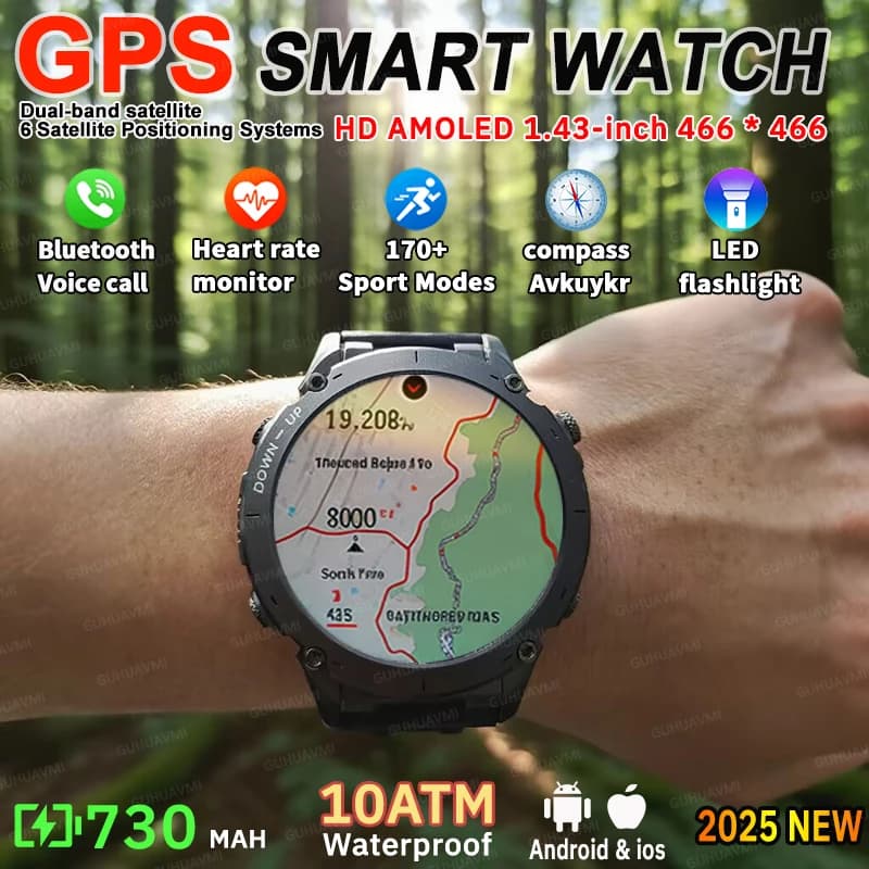 2025 amélioré nouveau sport de plein air militaire GPS montre intelligente 10ATM étanche 730mAh batterie haute boussole NFC HD BT appel hommes