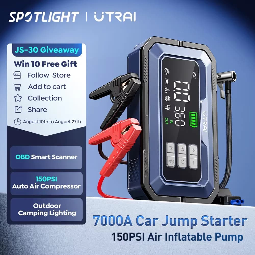 ​ ​ UTRAI – démarreur de saut de voiture tout-en-un 7000A, avec compresseur d'air, diagnostic OBD et lumières de Camping en plein air,