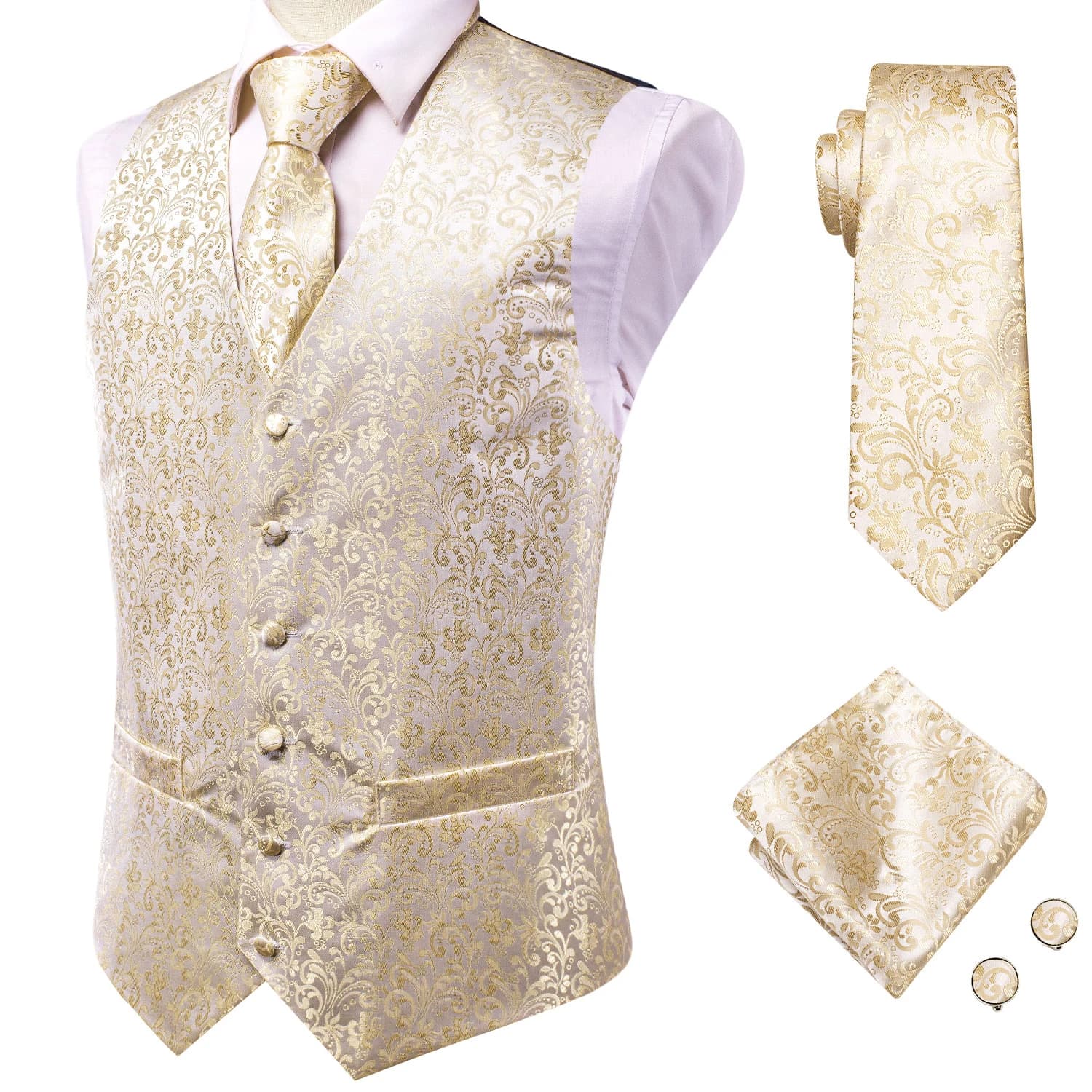 Ensemble gilet champagne Hi-Tie pour homme – Gilet élégant et décontracté doré pour homme, gilet jaune pour mariage, affaires, veste formelle