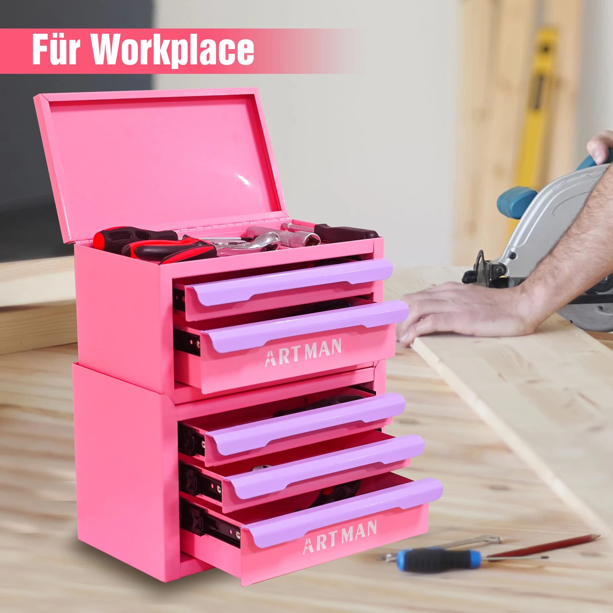 Organisateur de rangement de bureau empilable à 5 tiroirs de couleur violet-rose – Armoire à cosmétiques en tôle avec poignées métalliques,