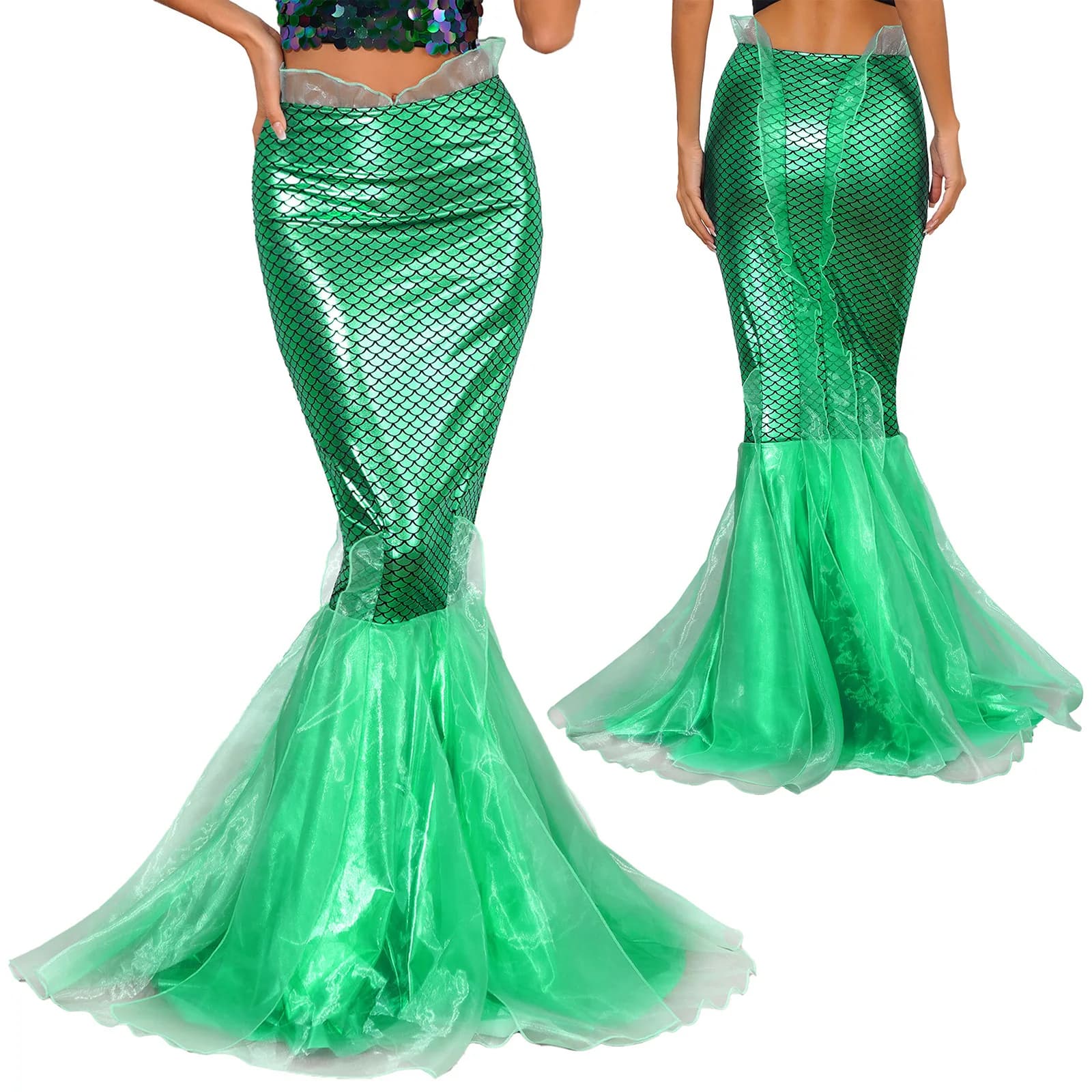 Costumes d'Halloween pour femmes, robe queue de sirène, queue de poisson métallique brillante, jupes longues Maxi, robe de Cosplay pour jeu de rôle