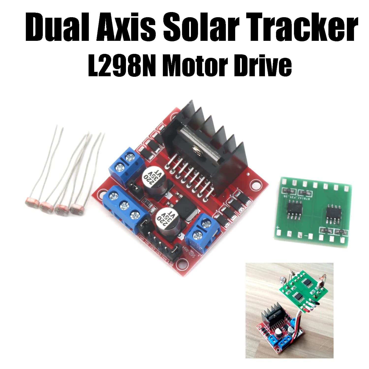 Capteur de traqueur solaire double axe DC 12V, suivi automatique + carte d'entraînement de moteur L298N avec photorésistance 5539 4 pièces