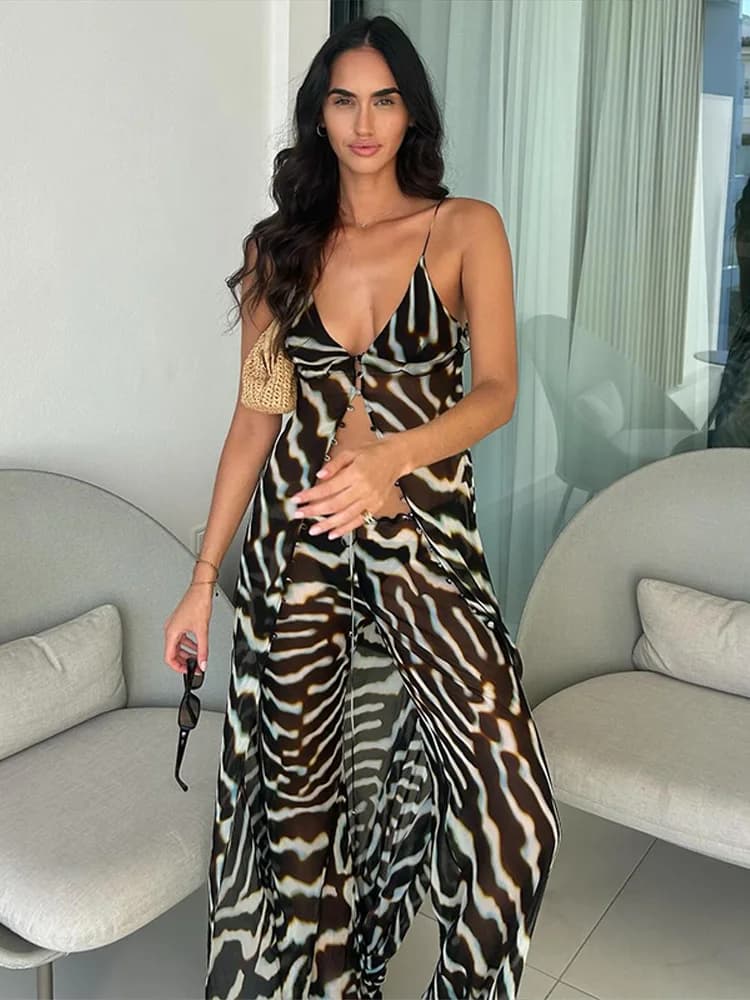 Ensemble 2 pièces en mousseline transparente à imprimé zèbre pour femme, débardeur à col en V et pantalon large, tenue décontractée chic pour