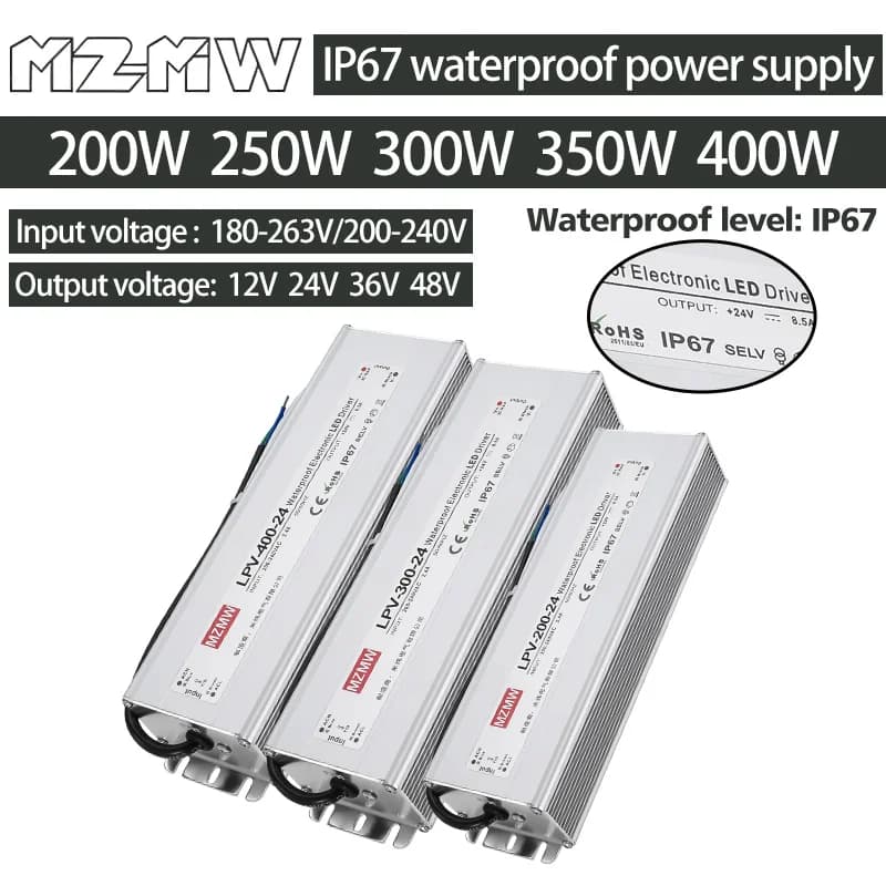 Alimentation de commutation étanche 200W 250W 300W 350W 400W LPV IP67, AC à DC 12V 24V 36V 48V, entraînement d'éclairage industriel CC/CV