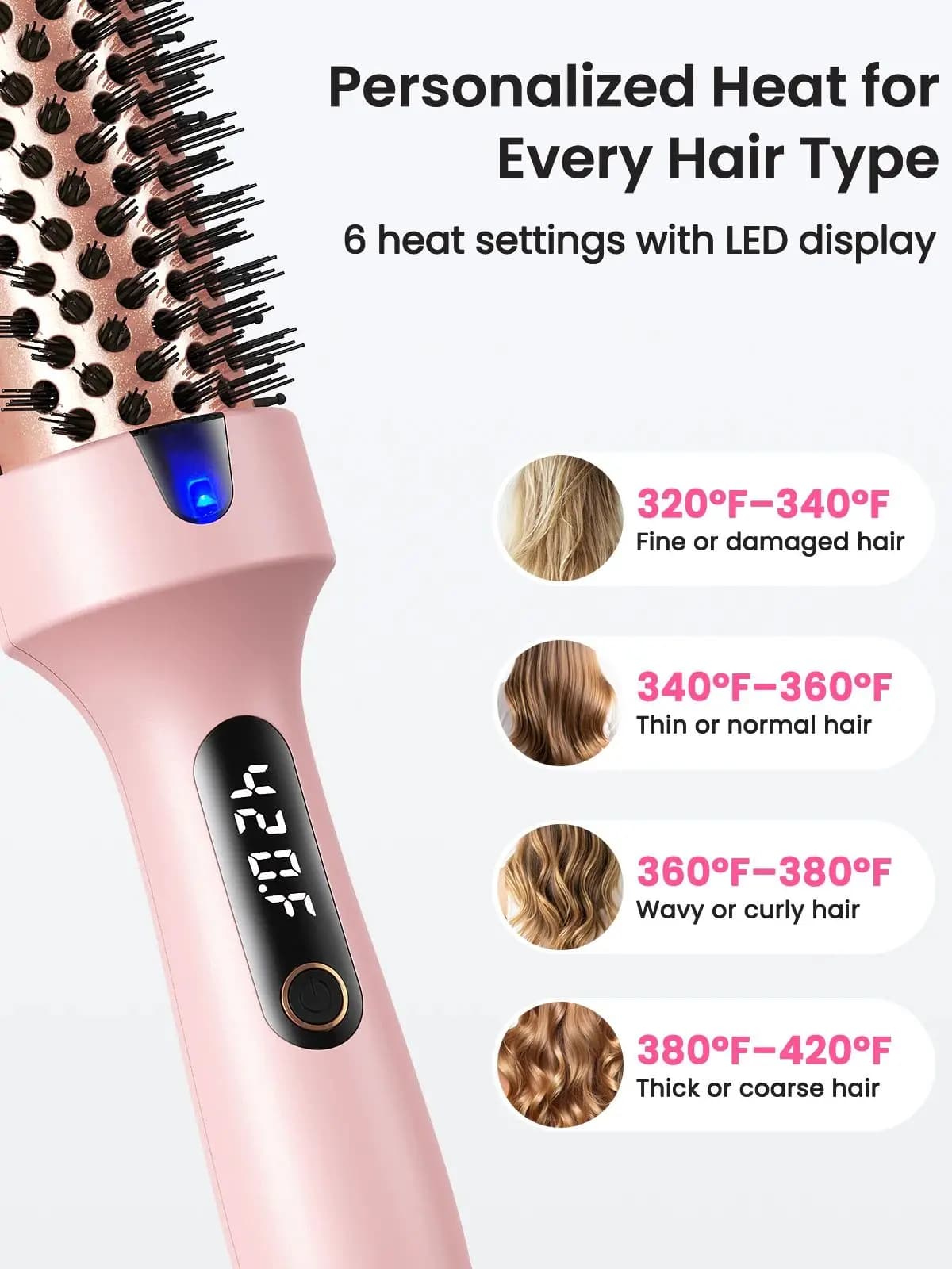Brosse thermique Boost 1,5 pouces, brosse ronde chauffante pour éclat, technologie d'ions négatifs double tension, 6 modes de température