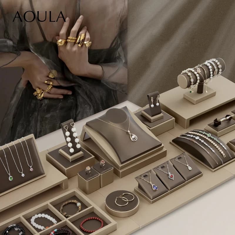 Présentoir de bijoux en cuir PU marron de luxe, articles, bague, boucle d'oreille, pendentif, collier, support, bracelet, plateau organisateur de